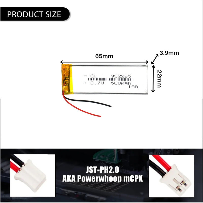 Cargue la imagen en el visor de la galería, [PH2.0-JST Connector][392265] Universal 500mAh 3.7V Rechargeable Li-Ion Lithium Polymer Battery - Polar Tech Australia
