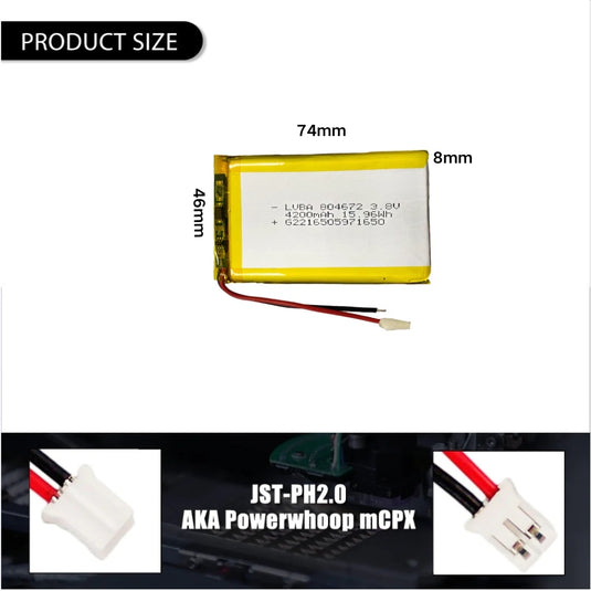 [PH2.0-JST Connector][804672] Universal 4200mAh 3.8V Rechargeable Li-Ion Lithium Polymer Battery - Polar Tech Australia
