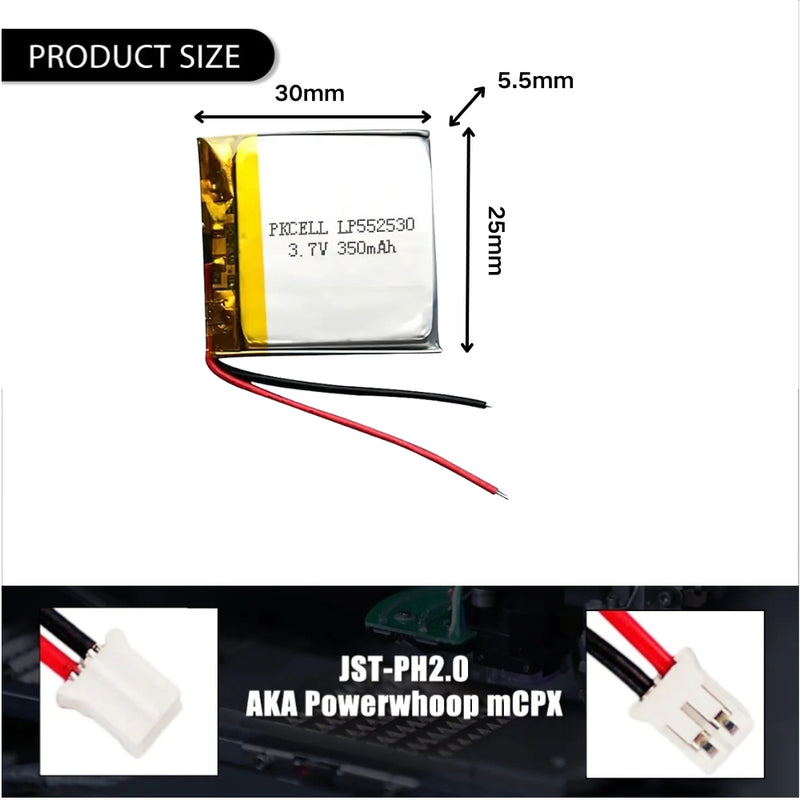 Cargue la imagen en el visor de la galería, [PH2.0-JST Connector][552530] Universal 350mAh 3.7V Rechargeable Li-Ion Lithium Polymer Battery - Polar Tech Australia
