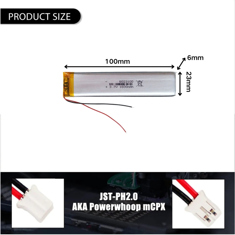 Cargue la imagen en el visor de la galería, [PH2.0-JST Connector][6023100] Universal 1600mAh 3.7V Rechargeable Li-Ion Lithium Polymer Battery - Polar Tech Australia
