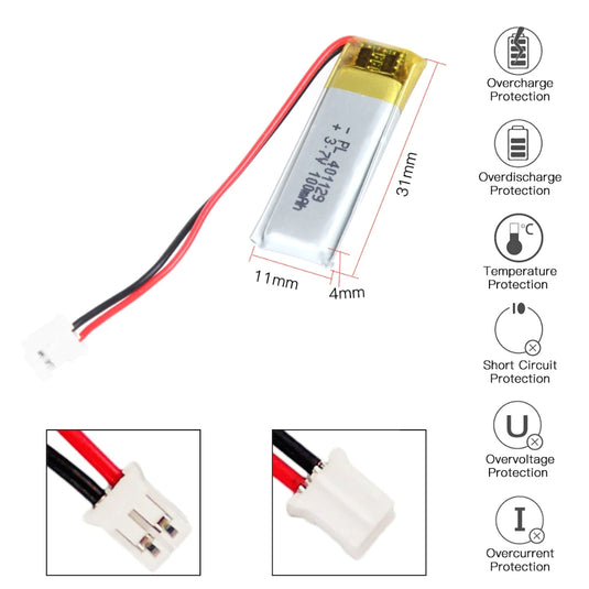 [PH2.0-JST Connector][401030] Universal 100mAh 3.7V Rechargeable Li-Ion Lithium Polymer Battery - Polar Tech Australia