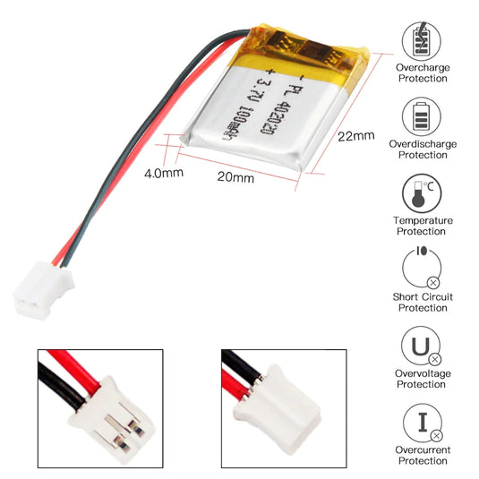 [PH2.0-JST Connector][402020] Universal 100mAh 3.7V Rechargeable Li-Ion Lithium Polymer Battery - Polar Tech Australia