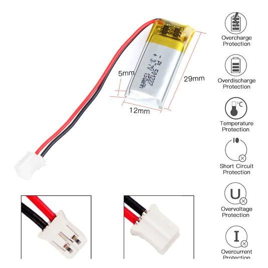 [PH2.0-JST Connector][402025] Universal 150mAh 3.7V Rechargeable Li-Ion Lithium Polymer Battery - Polar Tech Australia