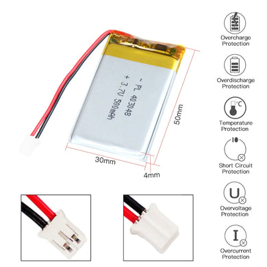 [PH2.0-JST Connector][403048] Universal 500mAh 3.7V Rechargeable Li-Ion Lithium Polymer Battery - Polar Tech Australia