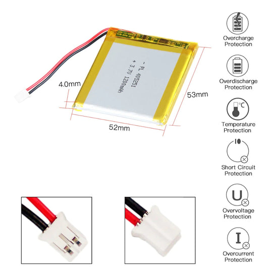 [PH2.0-JST Connector][405251] Universal 1200mAh 3.7V Rechargeable Li-Ion Lithium Polymer Battery - Polar Tech Australia