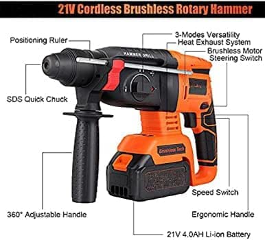 [Body Only] Komax 21V 1000W High Power Cordless Electric Hammer Drill 26mm rotary machine SDS plus with 3 modes, cordless drill machine with reverse/forward switch, Brushless motor