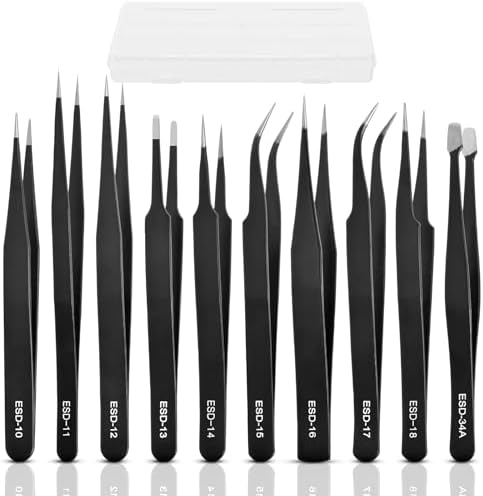 10-Piece Precision Tweezers Set – ESD Anti-Static Stainless Steel Kit with Storage Pouch