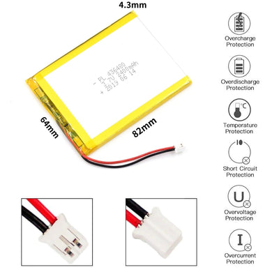 [PH2.0-JST Connector][436480] Universal 2400mAh 3.7V Rechargeable Li-Ion Lithium Polymer Battery - Polar Tech Australia