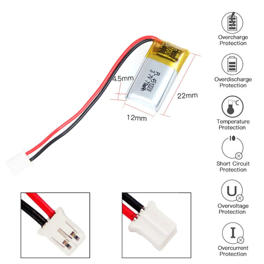 [PH2.0-JST Connector][451220] Universal 70mAh 3.7V Rechargeable Li-Ion Lithium Polymer Battery - Polar Tech Australia