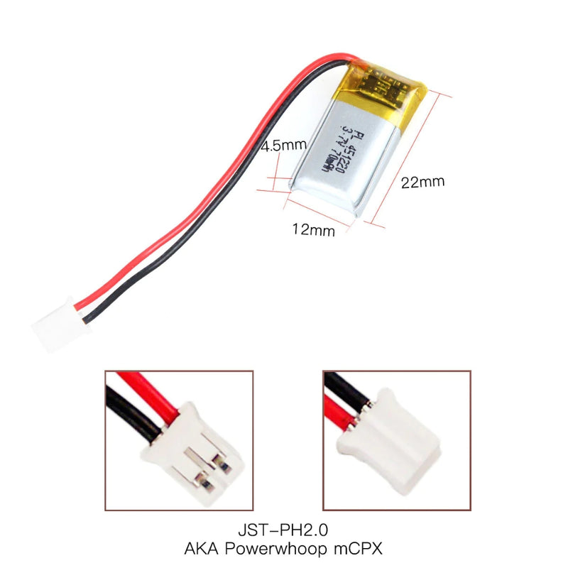 Cargue la imagen en el visor de la galería, [PH2.0-JST Connector][451220] Universal 70mAh 3.7V Rechargeable Li-Ion Lithium Polymer Battery - Polar Tech Australia
