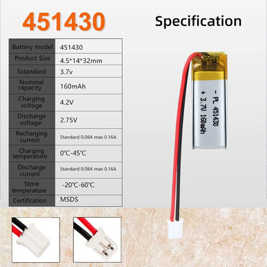 [PH2.0-JST Connector][451430] Universal 160mAh 3.7V Rechargeable Li-Ion Lithium Polymer Battery - Polar Tech Australia