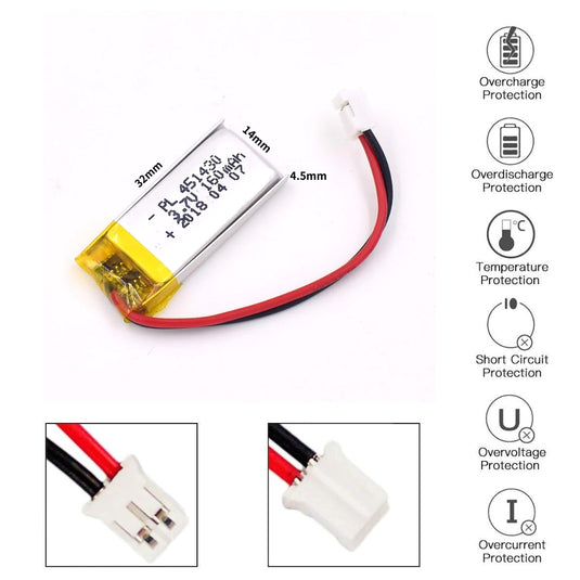 [PH2.0-JST Connector][451430] Universal 160mAh 3.7V Rechargeable Li-Ion Lithium Polymer Battery - Polar Tech Australia