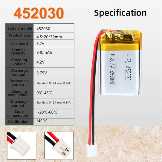 [PH2.0-JST Connector][452030] Universal 240mAh 3.7V Rechargeable Li-Ion Lithium Polymer Battery - Polar Tech Australia