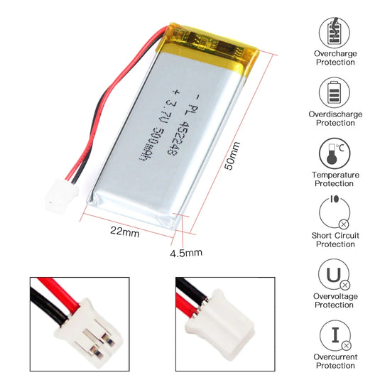 [PH2.0-JST Connector][452248] Universal 500mAh 3.7V Rechargeable Li-Ion Lithium Polymer Battery - Polar Tech Australia