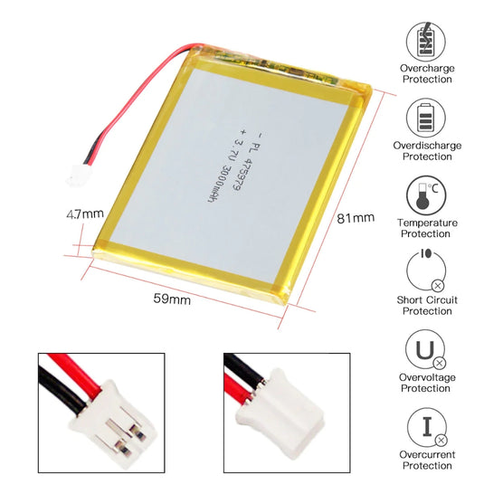 [PH2.0-JST Connector][475979] Universal 3000mAh 3.7V Rechargeable Li-Ion Lithium Polymer Battery - Polar Tech Australia