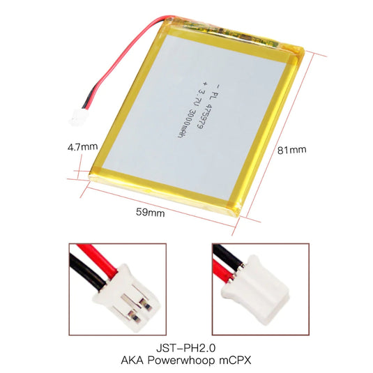 [PH2.0-JST Connector][475979] Universal 3000mAh 3.7V Rechargeable Li-Ion Lithium Polymer Battery - Polar Tech Australia