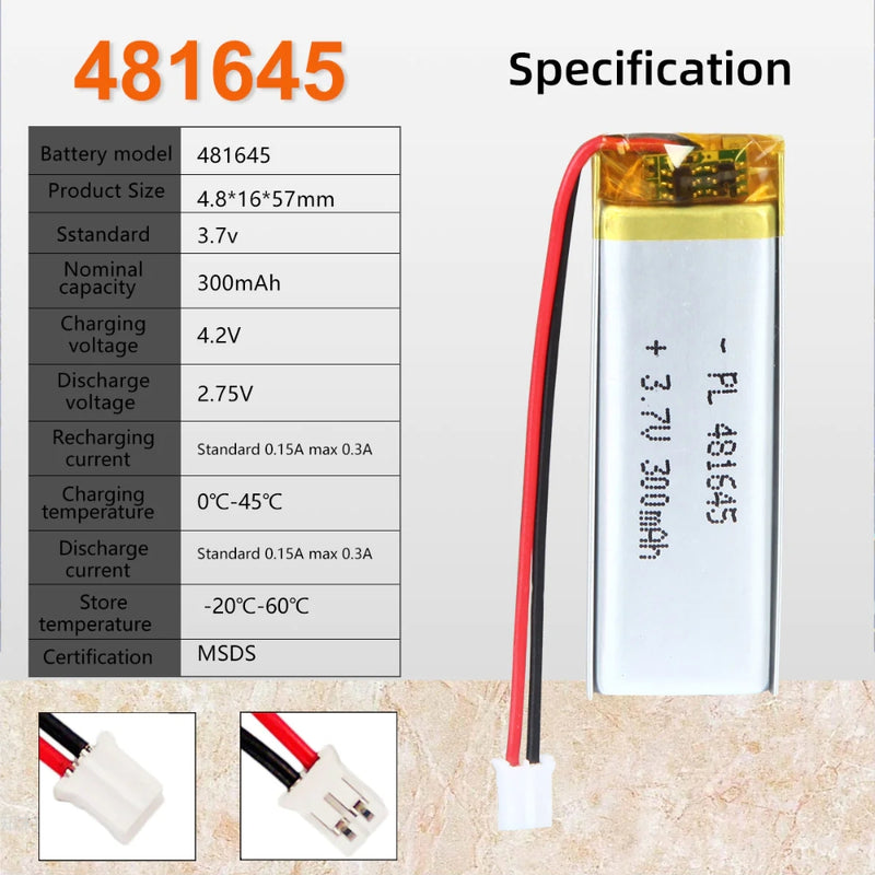 Cargue la imagen en el visor de la galería, [PH2.0-JST Connector][481645] Universal 300mAh 3.7V Rechargeable Li-Ion Lithium Polymer Battery - Polar Tech Australia
