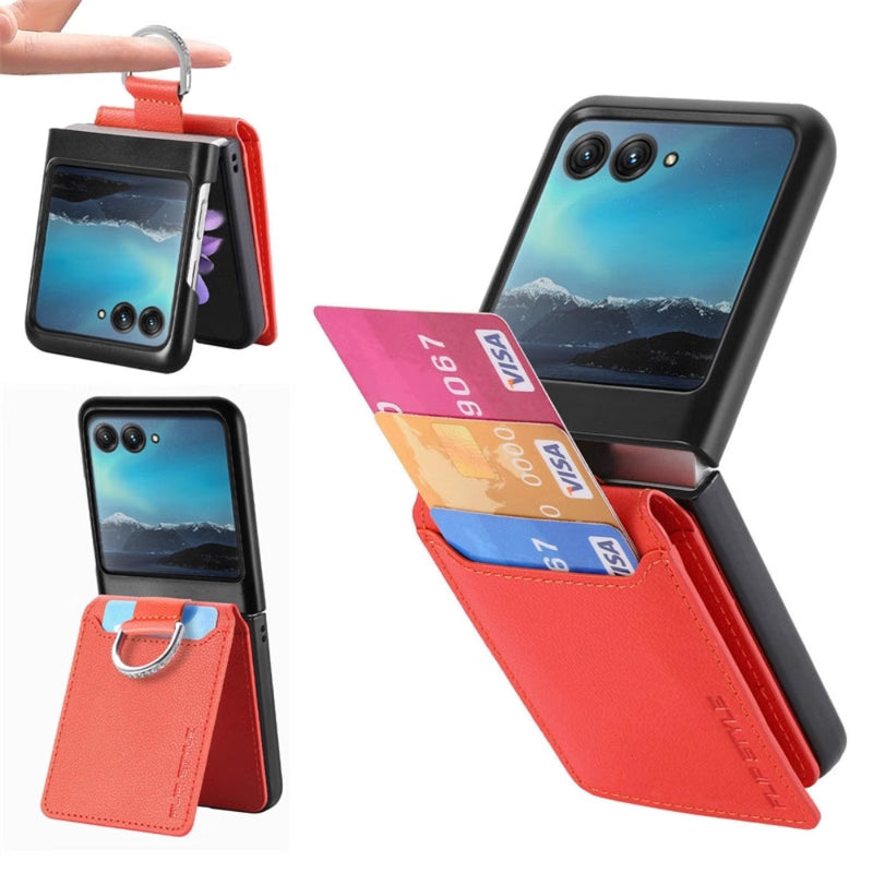 Cargue la imagen en el visor de la galería, [With Card Slot] Motorola Razr 50/Ultra - Litchi Texture Leather Ring Wallet Phone Case - Polar Tech Australia
