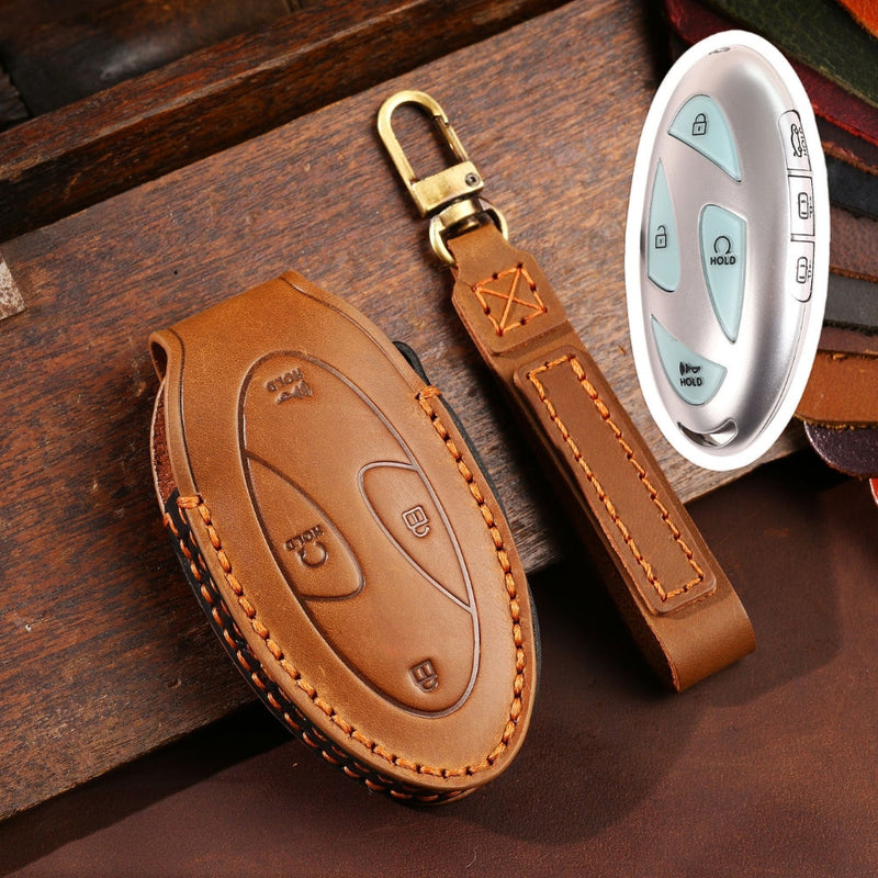 Chargez l&#39;image dans la visionneuse de la galerie, Hyundai Handcrafted Genuine Leather Car Key Fob Protective Case Cover For Ionic 6, Kona EV, Grandeur GN7
