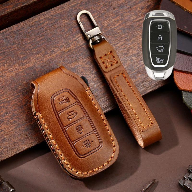 Chargez l&#39;image dans la visionneuse de la galerie, Hyundai Handcrafted Genuine Leather Car Key Fob Protective Case Cover For Santa Fe, Tucson, Palisade, Kona, Santa Fe, Azera
