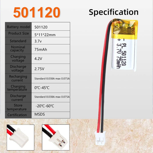 [PH2.0-JST Connector][501120] Universal 75mAh 3.7V Rechargeable Li-Ion Lithium Polymer Battery - Polar Tech Australia