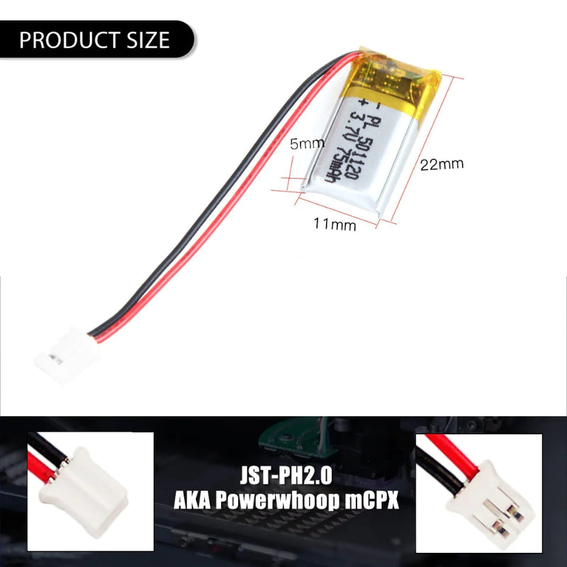 Cargue la imagen en el visor de la galería, [PH2.0-JST Connector][501120] Universal 75mAh 3.7V Rechargeable Li-Ion Lithium Polymer Battery - Polar Tech Australia
