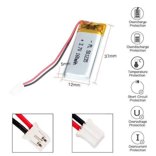 [PH2.0-JST Connector][501235] Universal 160mAh 3.7V Rechargeable Li-Ion Lithium Polymer Battery - Polar Tech Australia