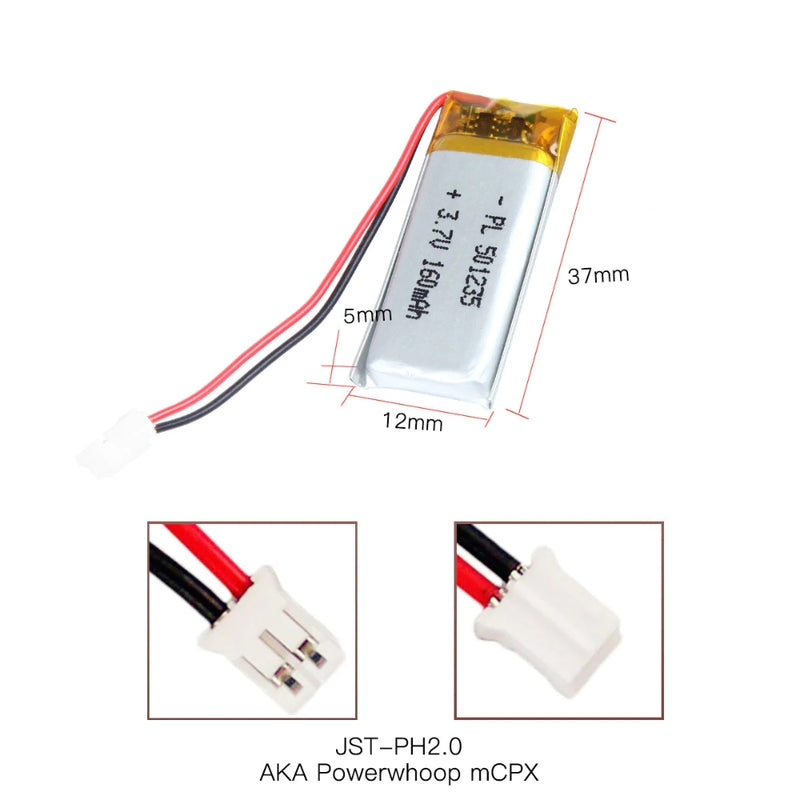Cargue la imagen en el visor de la galería, [PH2.0-JST Connector][501235] Universal 160mAh 3.7V Rechargeable Li-Ion Lithium Polymer Battery - Polar Tech Australia
