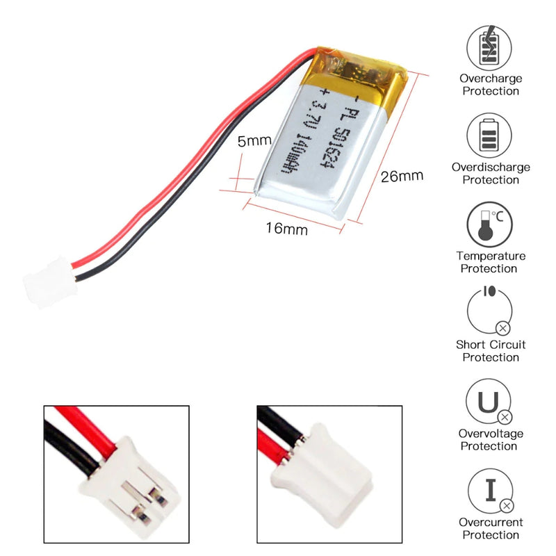 Cargue la imagen en el visor de la galería, [PH2.0-JST Connector][501624] Universal 140mAh 3.7V Rechargeable Li-Ion Lithium Polymer Battery - Polar Tech Australia
