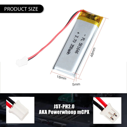 [PH2.0-JST Connector][501646] Universal 350mAh 3.7V Rechargeable Li-Ion Lithium Polymer Battery - Polar Tech Australia