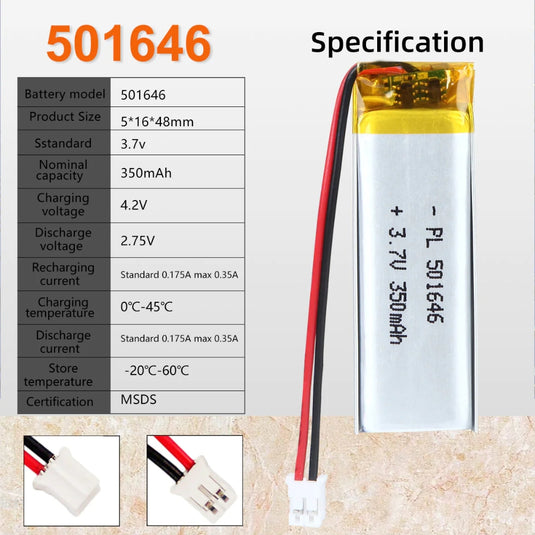 [PH2.0-JST Connector][501646] Universal 350mAh 3.7V Rechargeable Li-Ion Lithium Polymer Battery - Polar Tech Australia