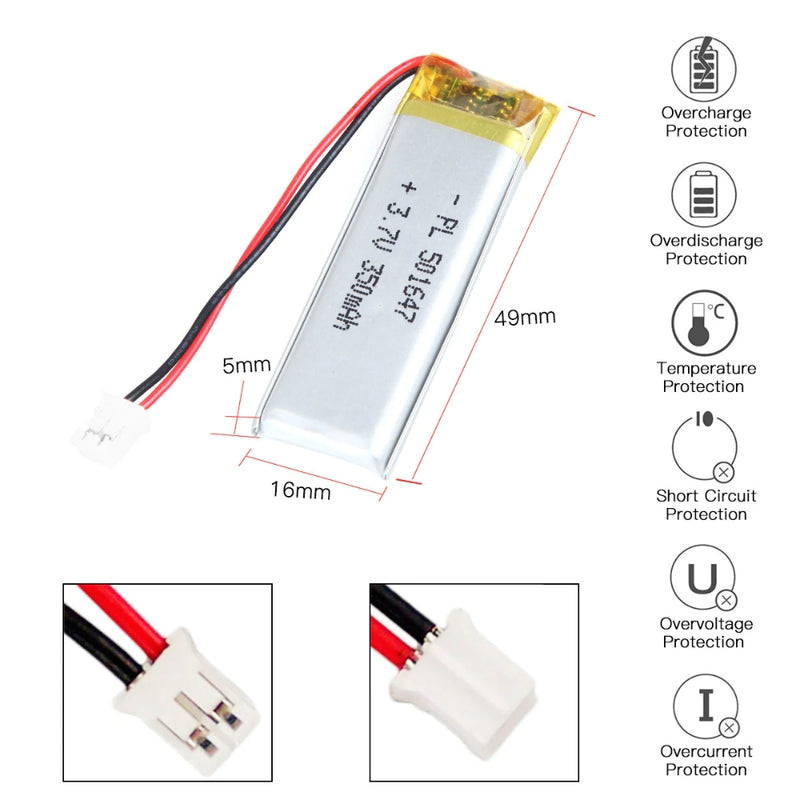 Cargue la imagen en el visor de la galería, [PH2.0-JST Connector][501647] Universal 350mAh 3.7V Rechargeable Li-Ion Lithium Polymer Battery - Polar Tech Australia
