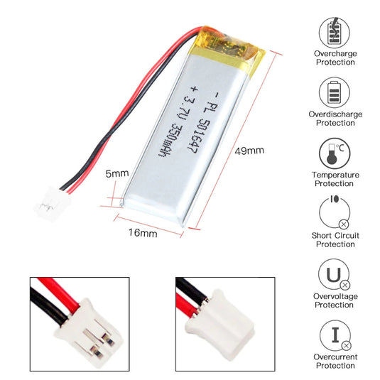 [PH2.0-JST Connector][501647] Universal 350mAh 3.7V Rechargeable Li-Ion Lithium Polymer Battery - Polar Tech Australia