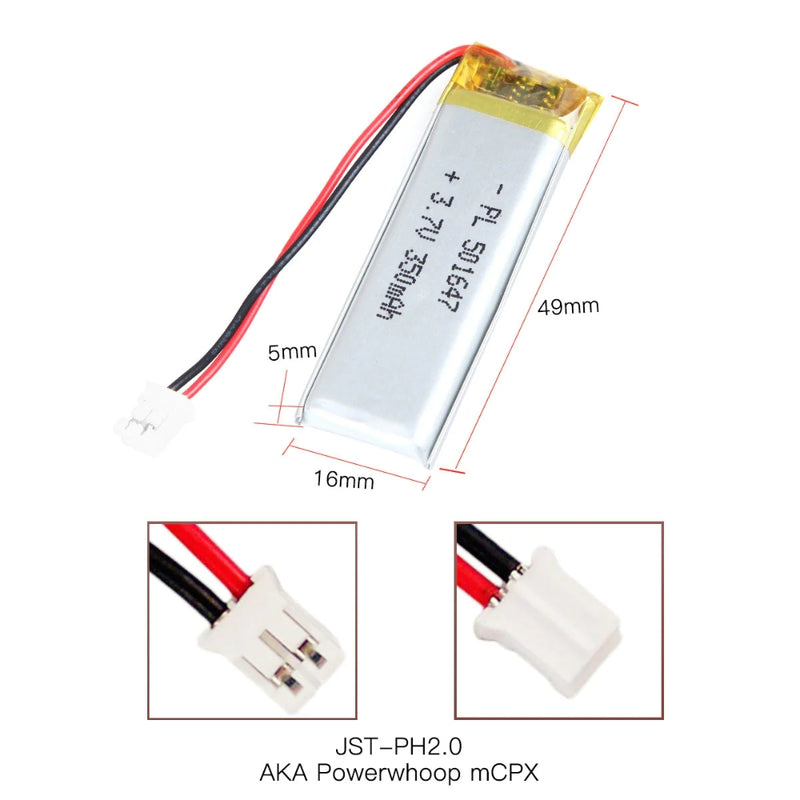 Cargue la imagen en el visor de la galería, [PH2.0-JST Connector][501647] Universal 350mAh 3.7V Rechargeable Li-Ion Lithium Polymer Battery - Polar Tech Australia

