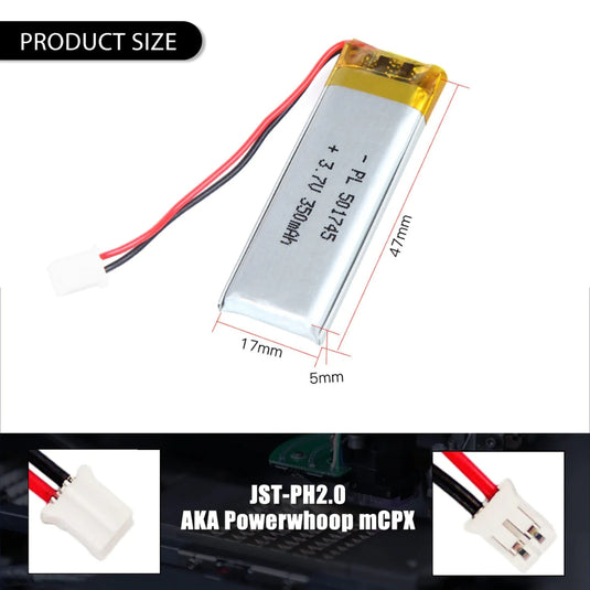 [PH2.0-JST Connector][501745] Universal 350mAh 3.7V Rechargeable Li-Ion Lithium Polymer Battery - Polar Tech Australia