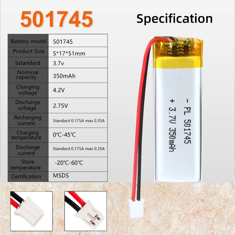 Cargue la imagen en el visor de la galería, [PH2.0-JST Connector][501745] Universal 350mAh 3.7V Rechargeable Li-Ion Lithium Polymer Battery - Polar Tech Australia
