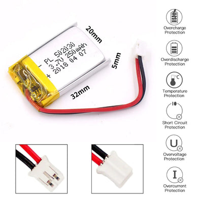 [PH2.0-JST Connector][502030] Universal 250mAh 3.7V Rechargeable Li-Ion Lithium Polymer Battery - Polar Tech Australia