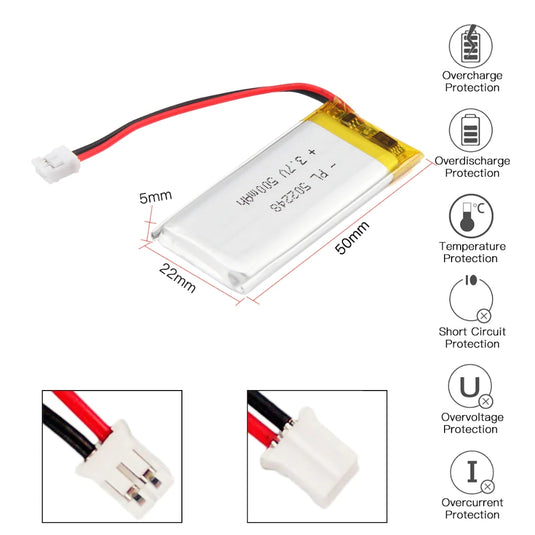 [PH2.0-JST Connector][502248] Universal 500mAh 3.7V Rechargeable Li-Ion Lithium Polymer Battery - Polar Tech Australia