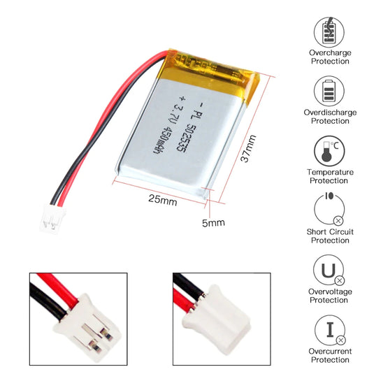 [PH2.0-JST Connector][502535] Universal 450mAh 3.7V Rechargeable Li-Ion Lithium Polymer Battery - Polar Tech Australia