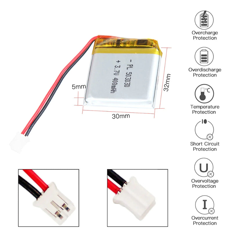 Cargue la imagen en el visor de la galería, [PH2.0-JST Connector][503030] Universal 400mAh 3.7V Rechargeable Li-Ion Lithium Polymer Battery - Polar Tech Australia
