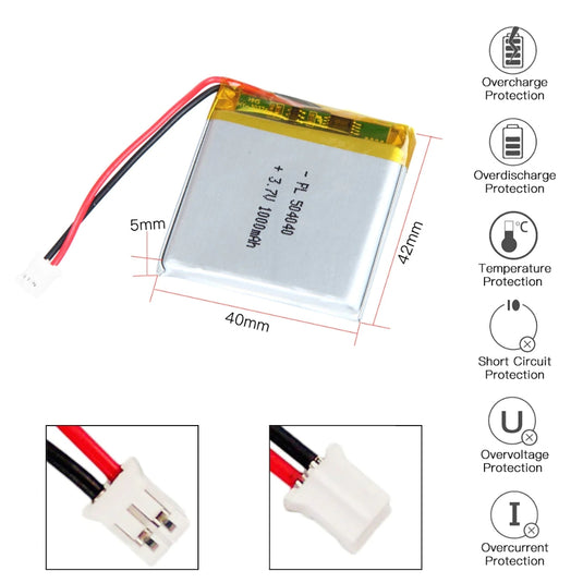 [PH2.0-JST Connector][504040] Universal 1000mAh 3.7V Rechargeable Li-Ion Lithium Polymer Battery - Polar Tech Australia