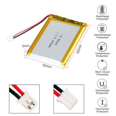 [PH2.0-JST Connector][505060] Universal 1600mAh 3.7V Rechargeable Li-Ion Lithium Polymer Battery - Polar Tech Australia