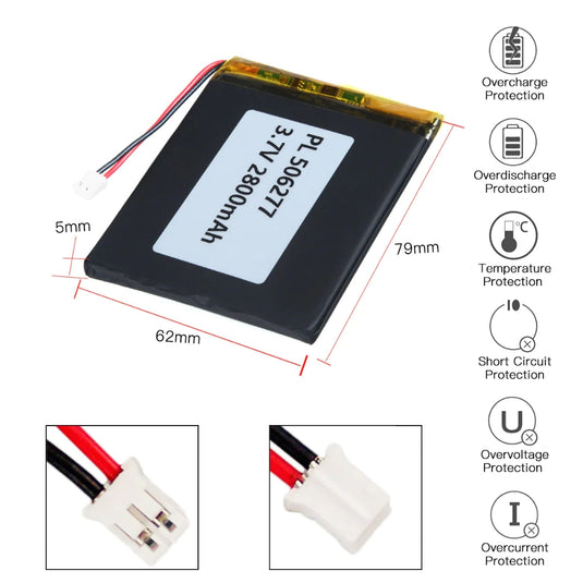 [PH2.0-JST Connector][506277] Universal 2800mAh 3.7V Rechargeable Li-Ion Lithium Polymer Battery - Polar Tech Australia