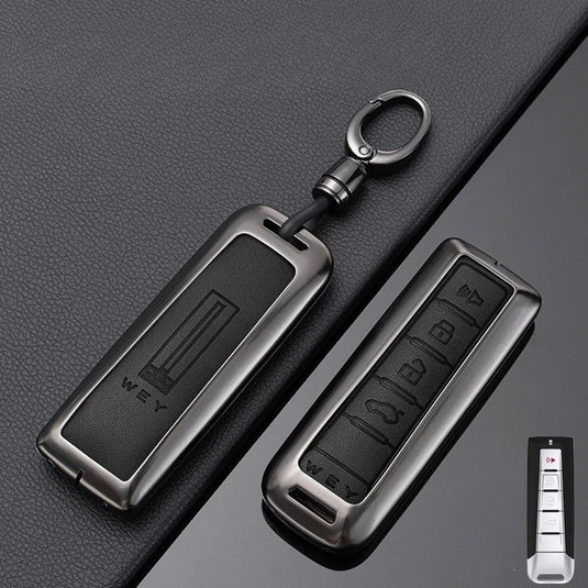 Great Wall Zinc Alloy + PU Leather Car Key Fob Case Cover For WEY VV5, VV6, VV7, Mocha