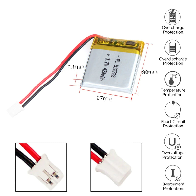 Cargue la imagen en el visor de la galería, [PH2.0-JST Connector][512728] Universal 430mAh 3.7V Rechargeable Li-Ion Lithium Polymer Battery - Polar Tech Australia
