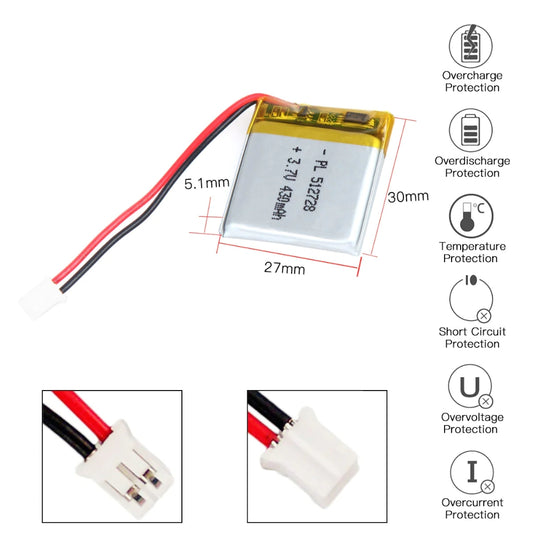 [PH2.0-JST Connector][512728] Universal 430mAh 3.7V Rechargeable Li-Ion Lithium Polymer Battery - Polar Tech Australia