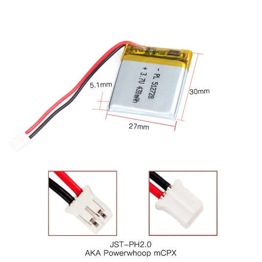 [PH2.0-JST Connector][512728] Universal 430mAh 3.7V Rechargeable Li-Ion Lithium Polymer Battery - Polar Tech Australia