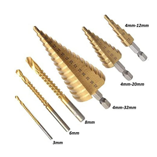 [6 in 1] HSS Steel Metal Titanium Coated Drill Bit Set Multipurposed Metalworking, Woodworking, Hole Drilling, Multiple Holes Raised Bit