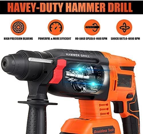 [Body Only] Komax 21V 1000W High Power Cordless Electric Hammer Drill 26mm rotary machine SDS plus with 3 modes, cordless drill machine with reverse/forward switch, Brushless motor