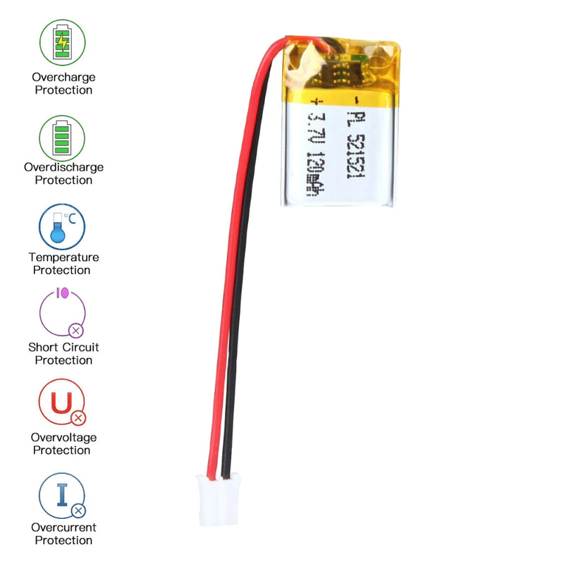 Cargue la imagen en el visor de la galería, [PH2.0-JST Connector][521521] Universal 120mAh 3.7V Rechargeable Li-Ion Lithium Polymer Battery - Polar Tech Australia
